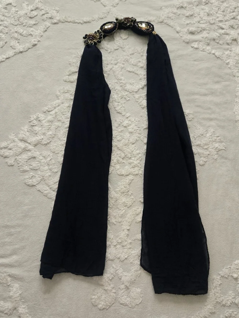 Vtg 80s 90s Flowy Faceted Jewel Embellished Neck Scarf, Party, Formal, Navy
